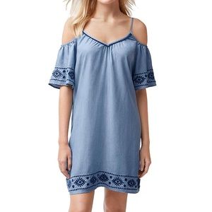 Tommy Bahama chambray dress with blue embroidery on sleeves and hem - NEVER WORN